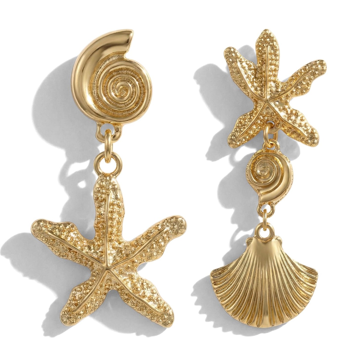 Chsoejuf 2PCS Gold Starfish Shell Earrings Small Trendy Beach Jewelry