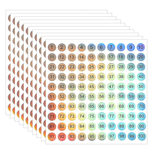 10 Sheets Numbered Stickers 0.39 Inch Round Number Stickers 1-100 Consecutive Mini Number Labels Colored Laser Reflective Number Decal Self-Adhesive Dot Number Stickers for Office Classroom Storage