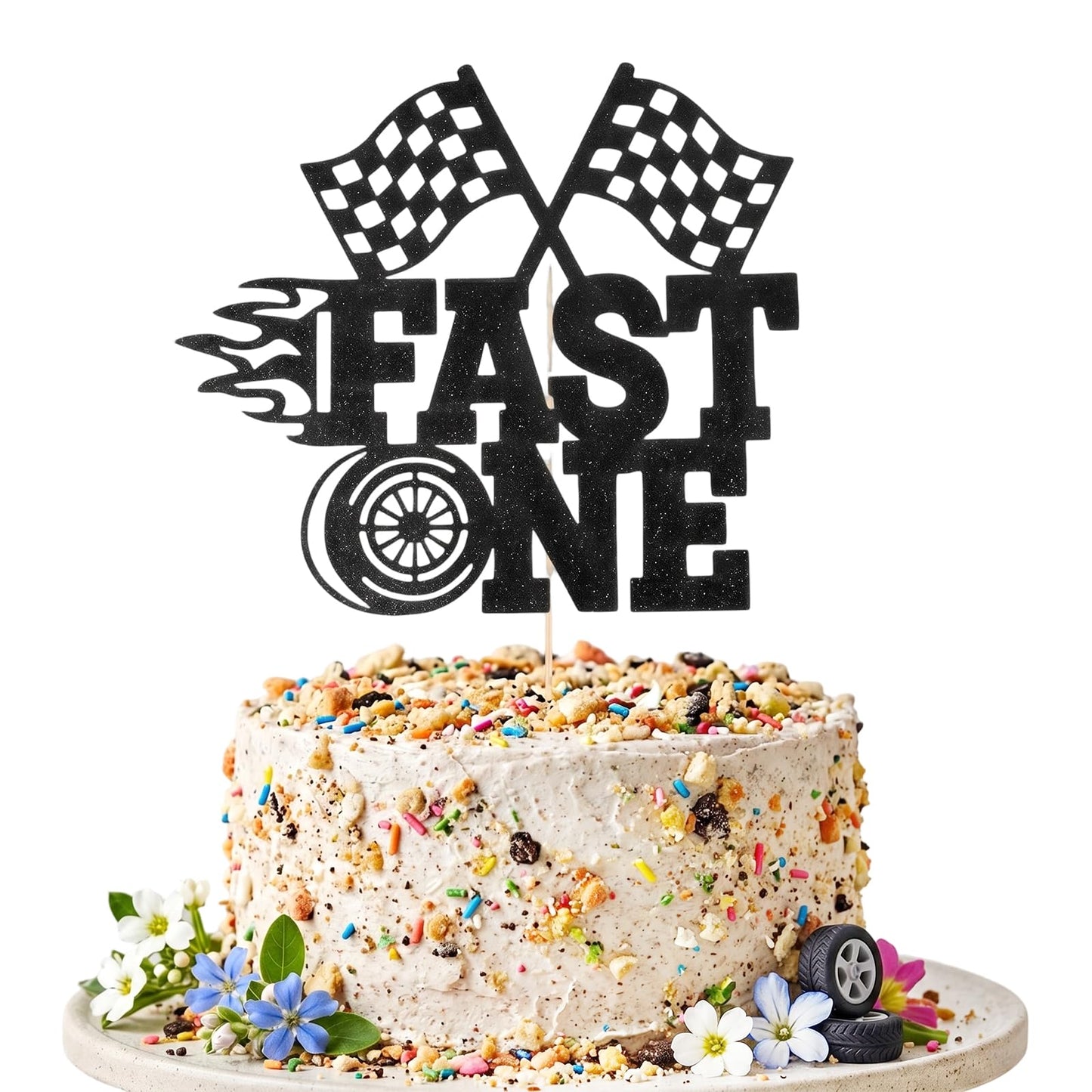 Chsoejuf Fast One Car Cake Topper Black Glitter 1st Race Cars Birthday Deco