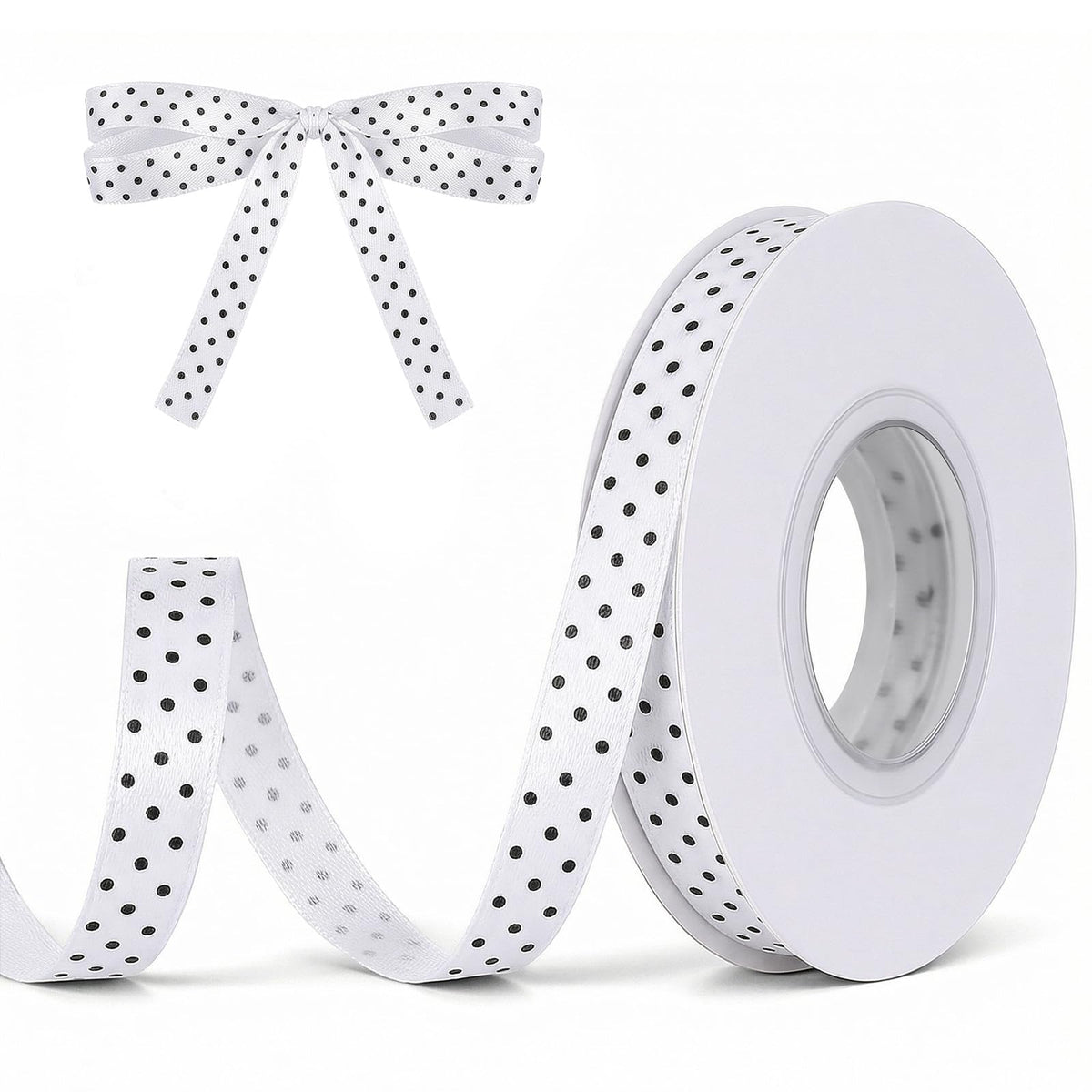 Chsoejuf Polka Dot Ribbon, 3/8 Inch 25 Yards White with Black Dots Ribbon
