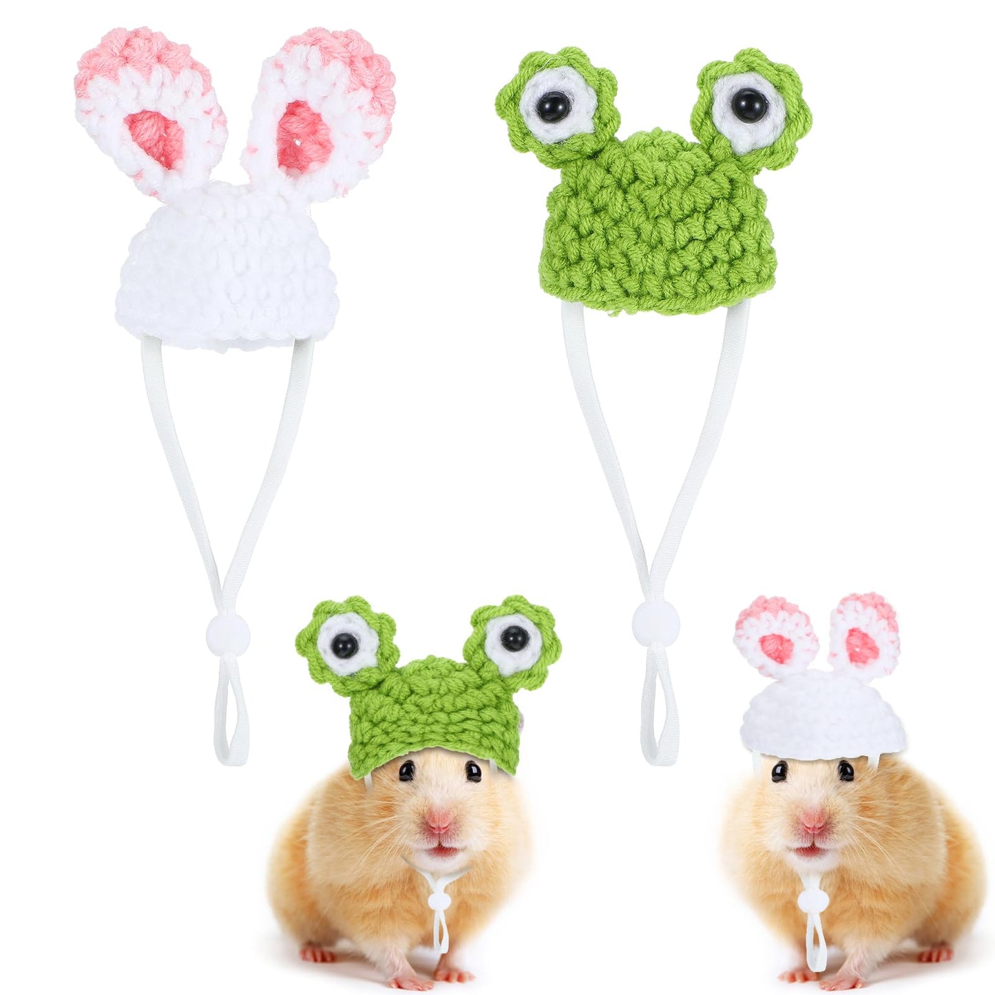 2Pcs Hamster Hat Mini Knitted Pet Hats Mini Hats for Snakes Frog & Bunny Style Small Animals Cute Tiny Hat Knitted Small Animals Hat with Adjustable Strap for Guinea Pig Pets Holiday Party Accessories