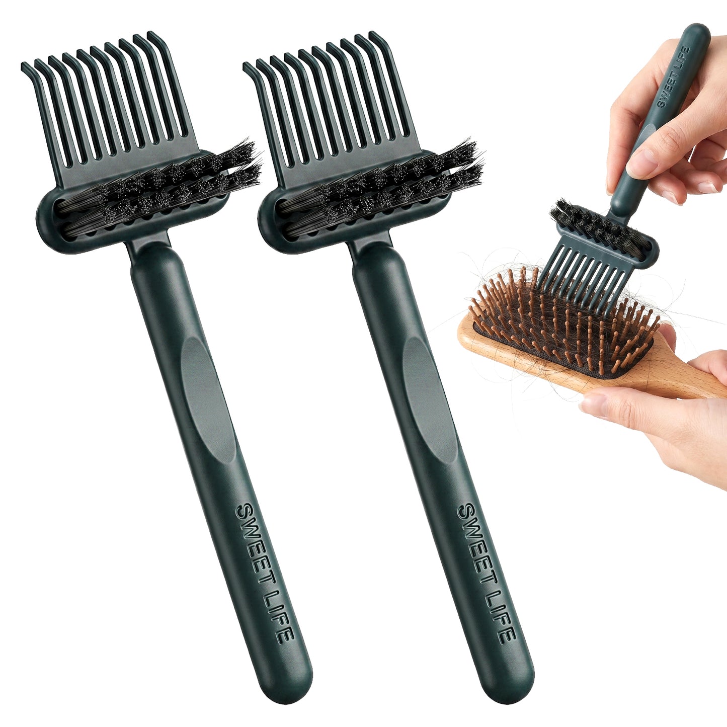 Mabor 2 Pcs 2-in-1 Hair Brush Cleaner, Comb Cleaning Tool for Removing Hair and Dust, Brush Rake for Home Salon, Green