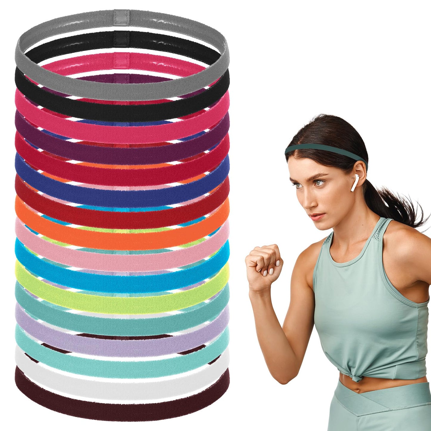 16PCS Multi-colored Thin Headbands, Elastic Thick Non-slip Headbands Sports Headband for Women and Men Hair Accessories (Circumference 15.74 Inches)