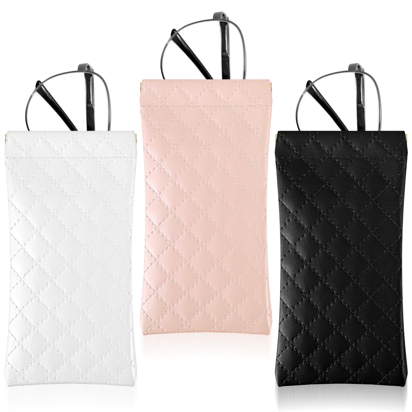 3 PCS Soft Glasses Case for Men Women, Leather Queeze Top Sunglasses Pouch with 3 Glasses Cleaning Cloth Portable Eyeglass Organizer Bag for Travel