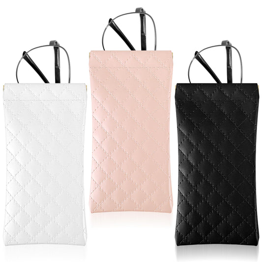 3 PCS Soft Glasses Case for Men Women, Leather Queeze Top Sunglasses Pouch with 3 Glasses Cleaning Cloth Portable Eyeglass Organizer Bag for Travel