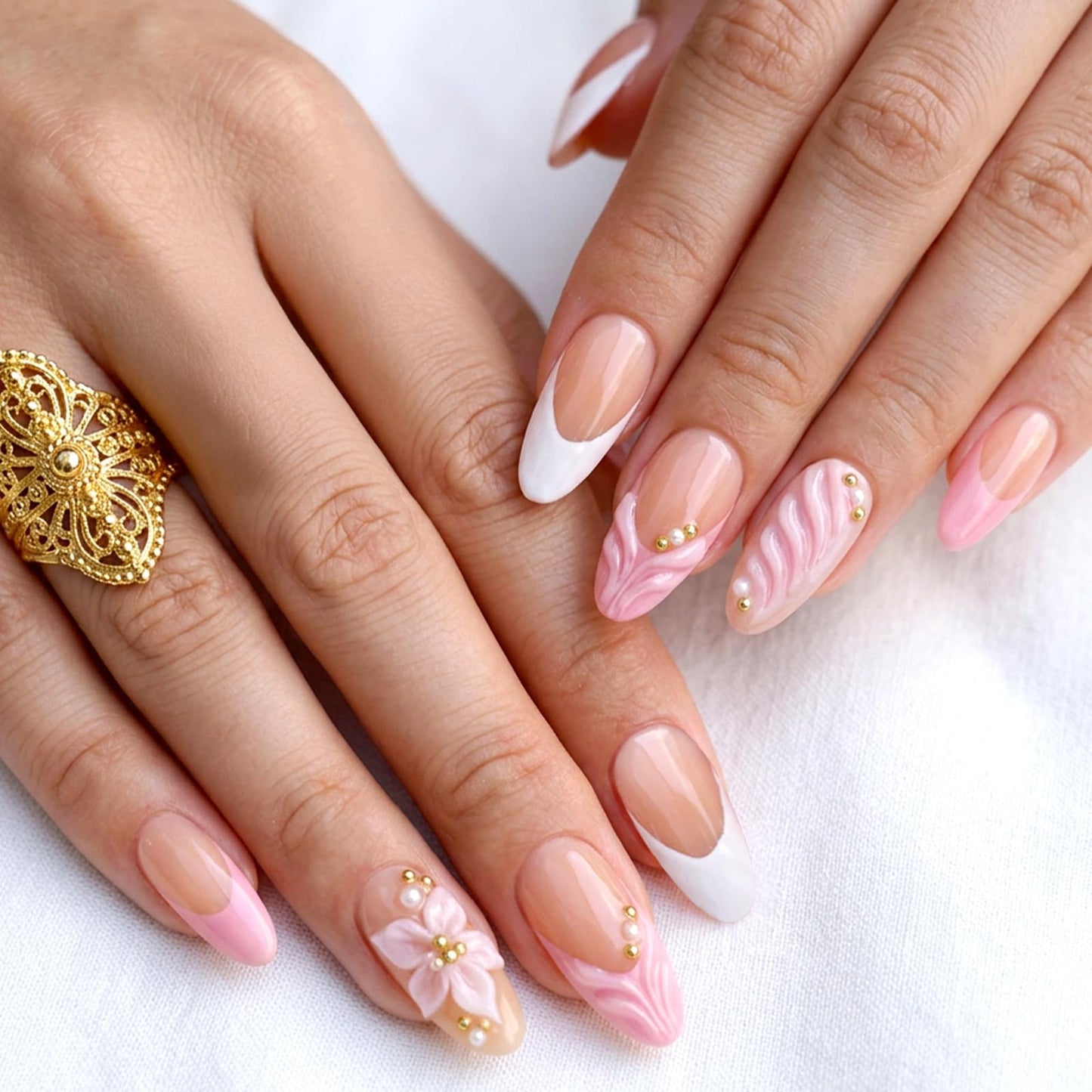 Ouligay 24PCS Pink Almond Nails Press on Medium Length French Tip Fake Nails Almond Reusable 3D Flowers &gold Bead Designs False Nails with Glue Tabs Stick on Nail Art DIY Gifts for Women
