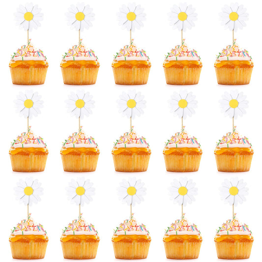 24Pcs Daisy Cake Decorations Daisy Cupcake Toppers Floral Cupcake Toppers Flower Cake Topper Decorations Chrysanthemum Cupcake Toppers Spring Daisy Flower Cake Picks for Cake Decorations White