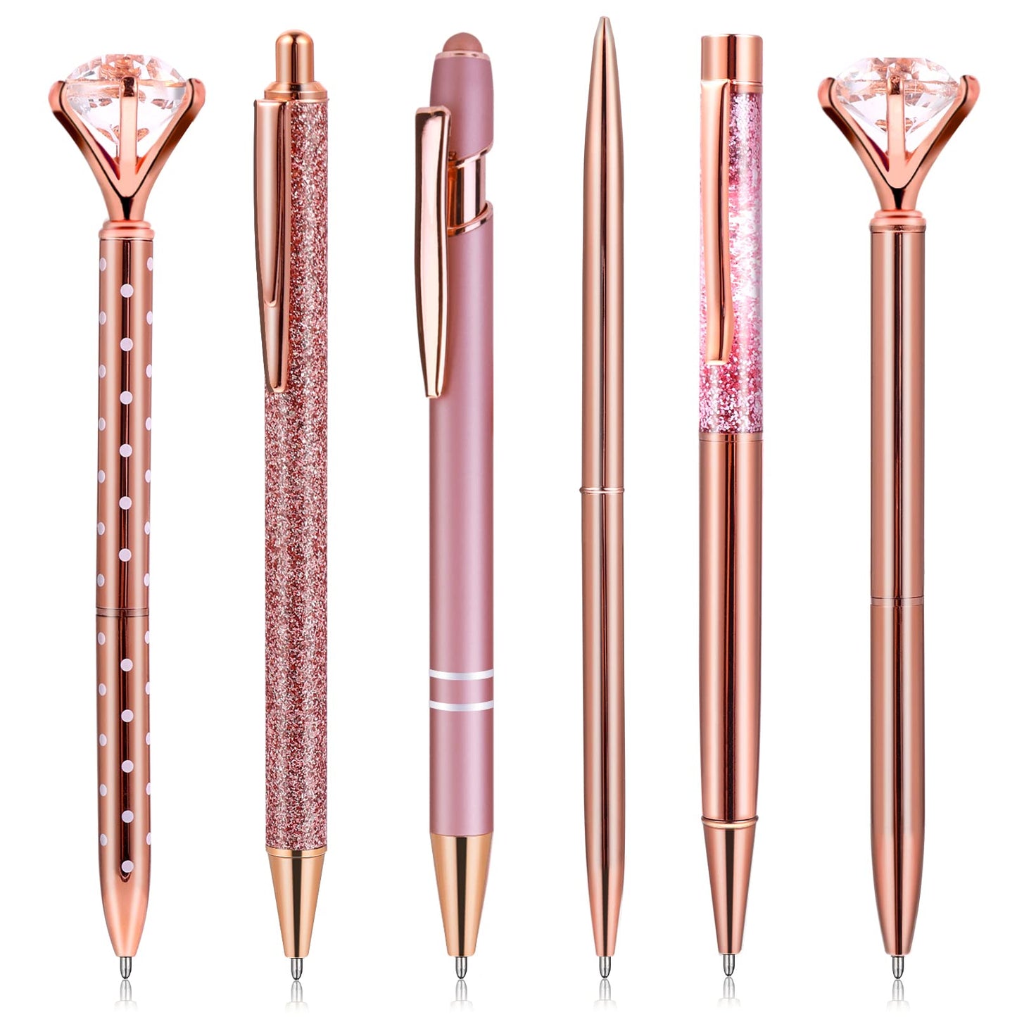 6 Pcs Rose Gold Ballpoint Pen Set，Crystal Diamond Pen Liquid Sand Glitter Pen，Liquid Sand Pen Fancy Crystal Diamond Pen Girly Pens Cute Pens For Women Desk Decor Journaling Girls School Wedding Gift