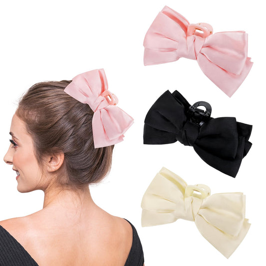 3 PCS Bow Claw Clip Satin Ribbon Hair Bow Clips for Women Girls, Nonslip Bow-Knot Hair Clamps Barrettes for Thin & Thick Hair(Black+white+pink)