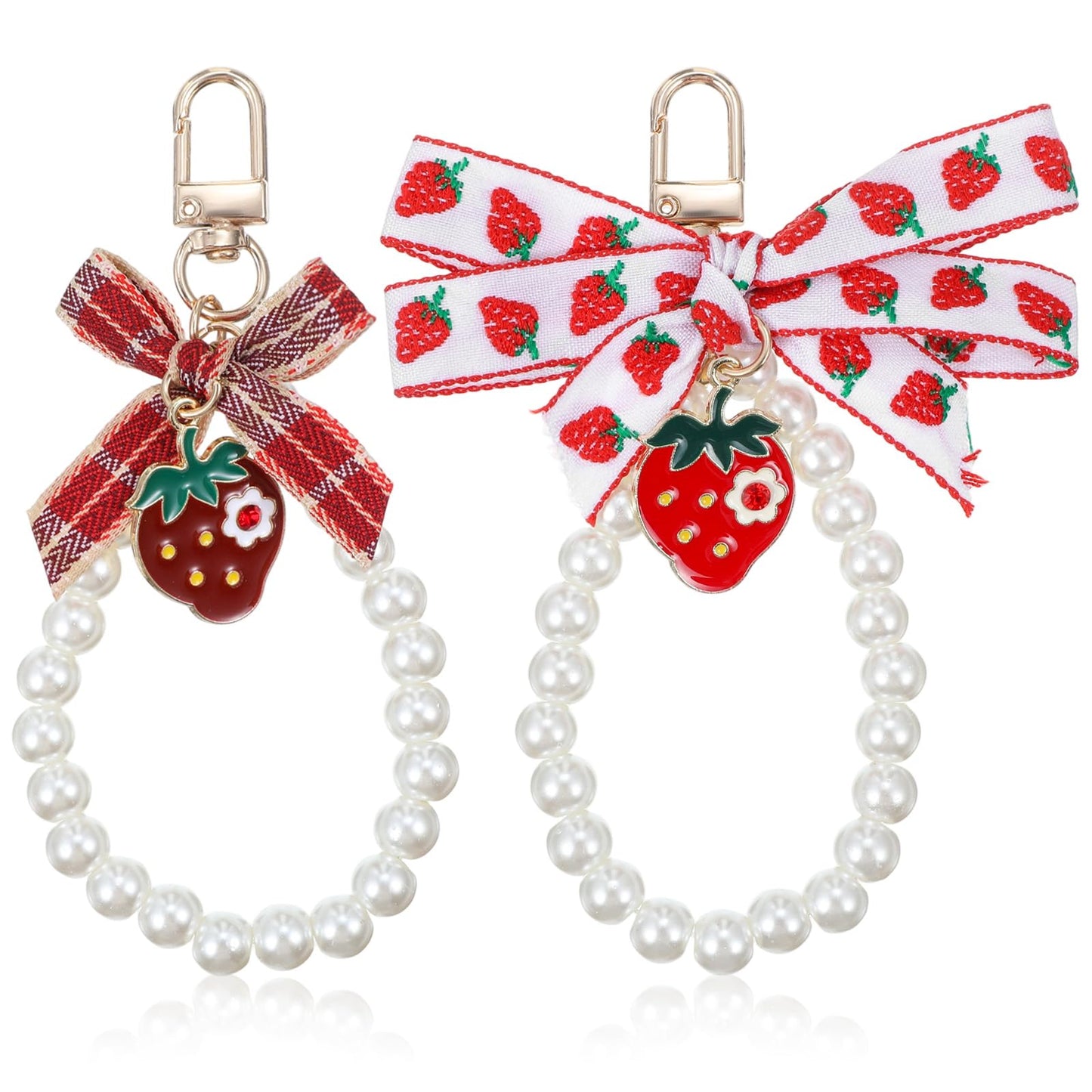 2 PCS Pearl Keychain Wristlet Strawberry Keychain Charm Cute Bag Charms Strawberry Gift Cute Women's Imitation Key Chain Lace Ribbon Car Pearl Key Ring Charm for Women Handbag Backpack Accessories