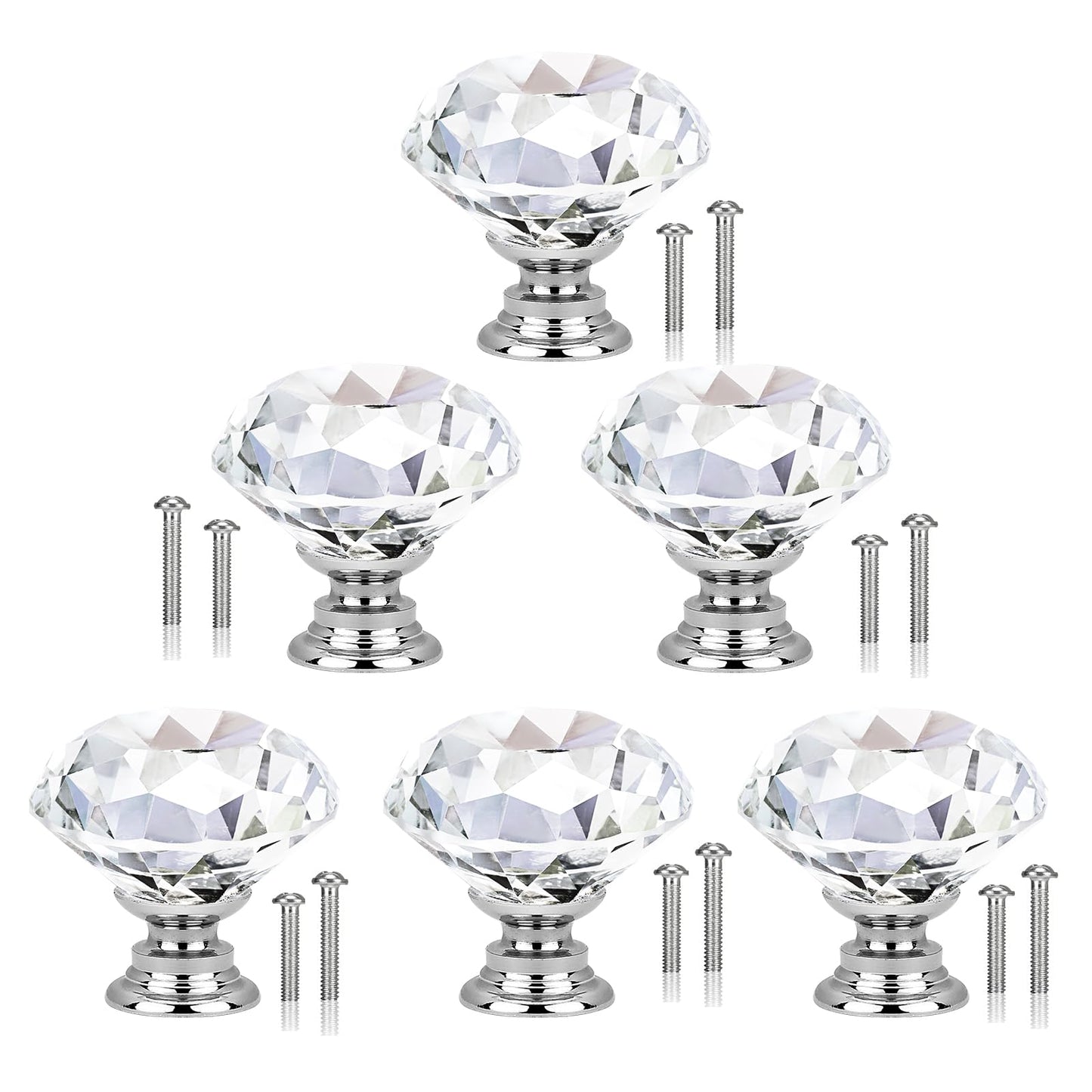 Tyqour 6pcs Crystal Door Knobs with 2 Sizes Screws, 30mm Draw Knobs, Glass Door Knobs, Drawer Handles and Knobs for Dresser Drawers, Cupboard, Bathroom Cabinet, Kitchen