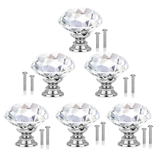 Tyqour 6pcs Crystal Door Knobs with 2 Sizes Screws, 30mm Draw Knobs, Glass Door Knobs, Drawer Handles and Knobs for Dresser Drawers, Cupboard, Bathroom Cabinet, Kitchen