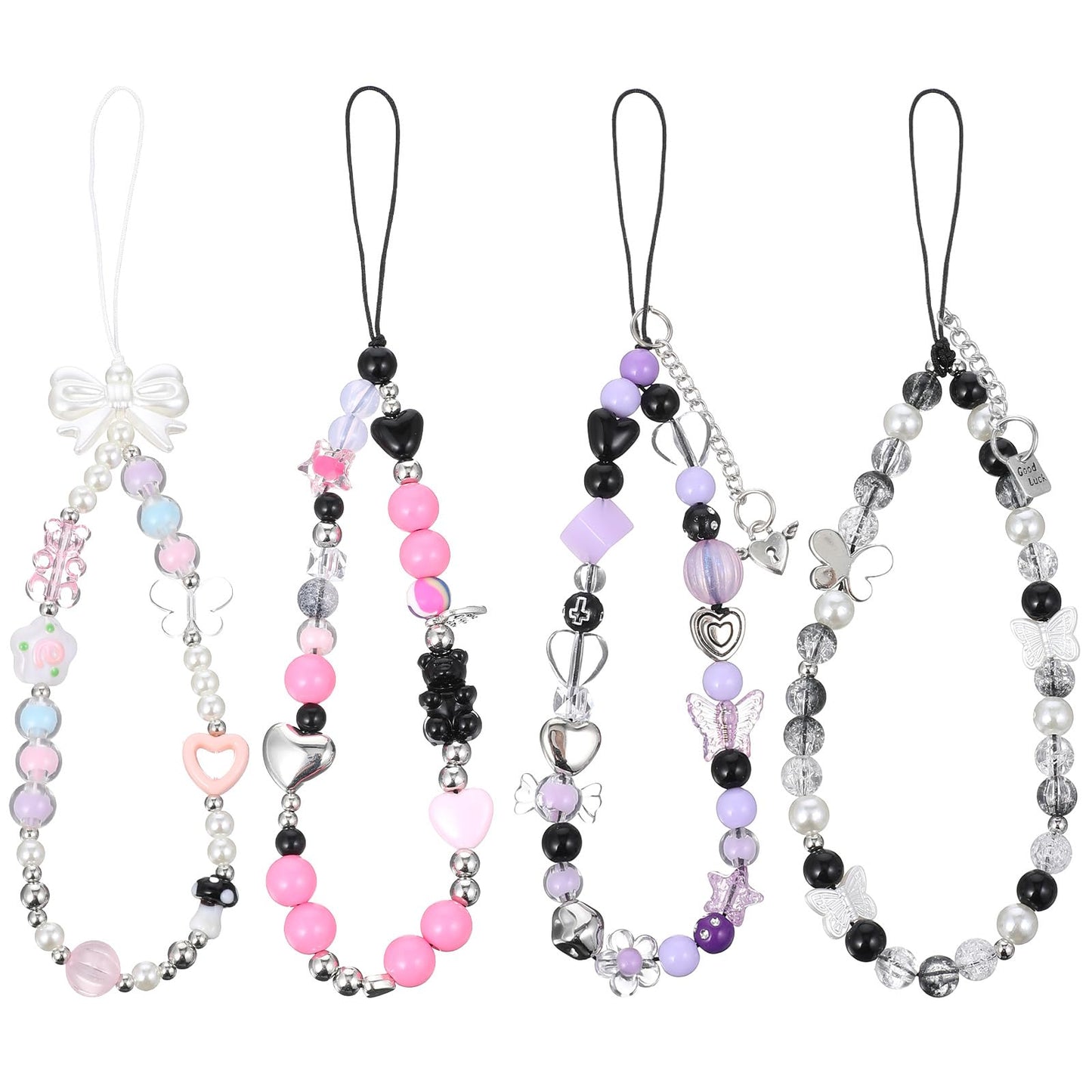 4PCS Phone Charm Wrist Strap Pearl Bracelet Wrist Strap Anti Lost Lanyard Cute Chain Cell Phone Charm Keychain Decoration for Women Bag Purse Backpack Wallet（purple, Pink, Black）