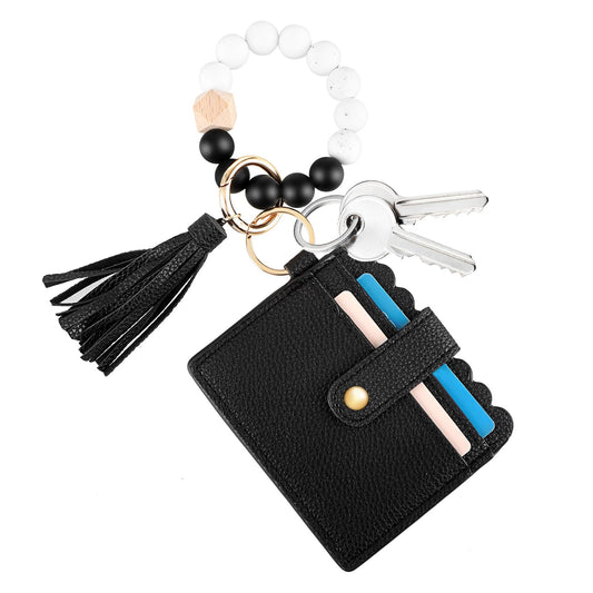 Wristlet Keychain with Wallet, Women Leather RFID Keychain Wristlet Wallet with Tassel Keychain - Stylish Slim Card Holder Purse with Coin Pocket & Id Window