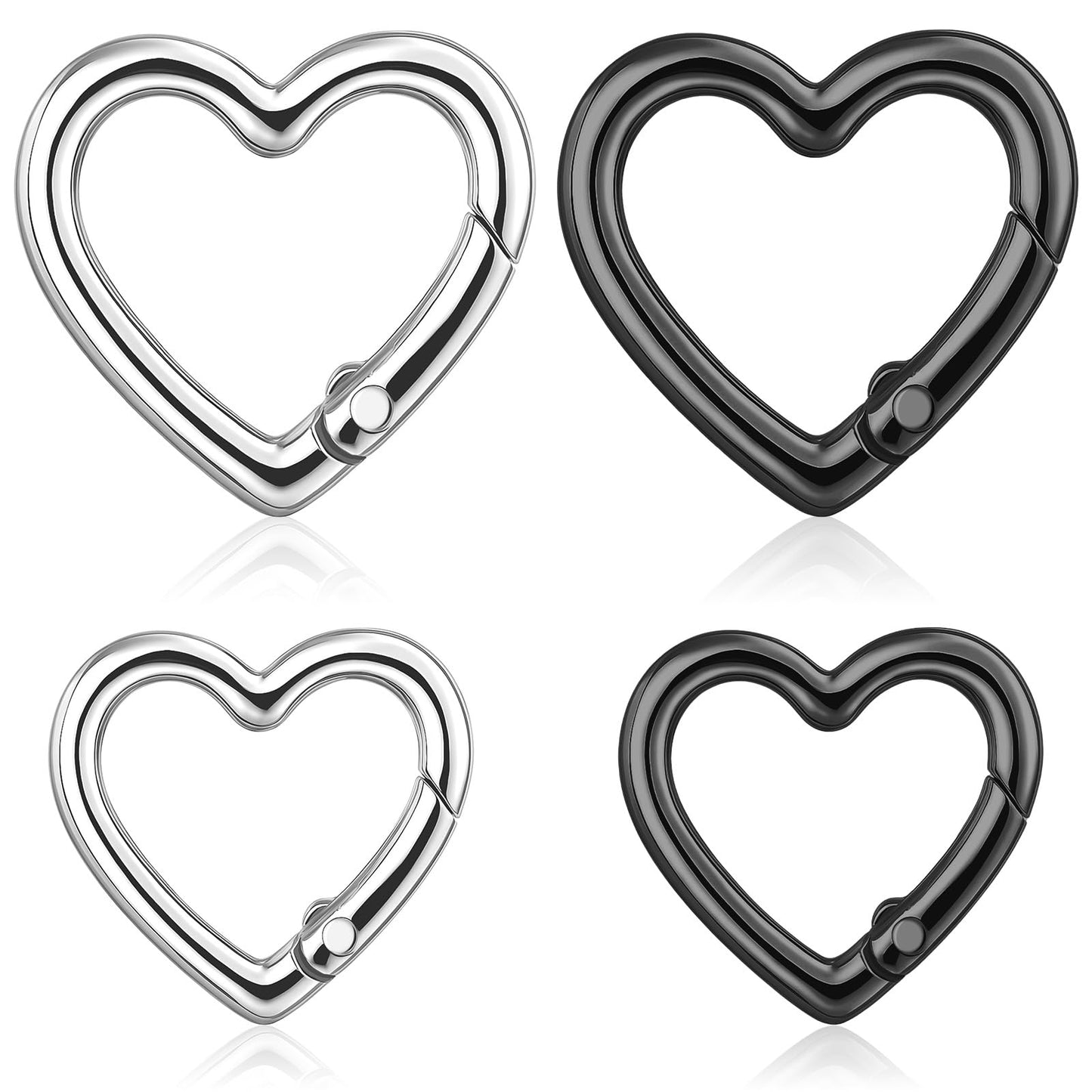 Nogeqi Pack of 4 Heart Carabiner Key Ring Heart-Shaped Carabiner Heart Carabiner Clips Small Heart Shape Carabiner for Strap Chain DIY Keyring Backpack, 2.5/3 cm (Black, Silver)