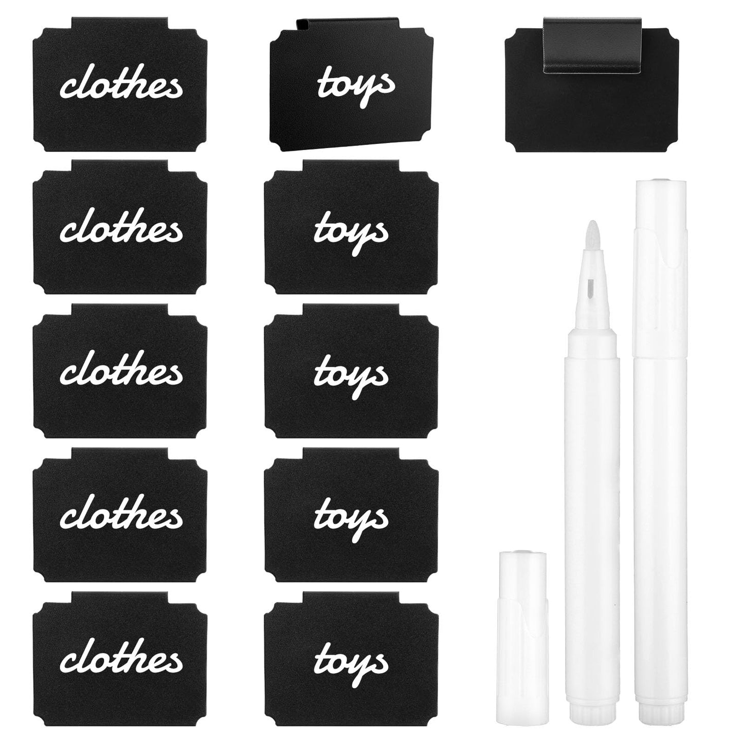 Clip On Labels for Storage Boxes, 10PCS Labels for Baskets, Black Removable Labels Clip on Set, with Chalk Markers, Easily Removable Organisation Storage Labels for Laundry, Bathroom, Pantry Kitchen