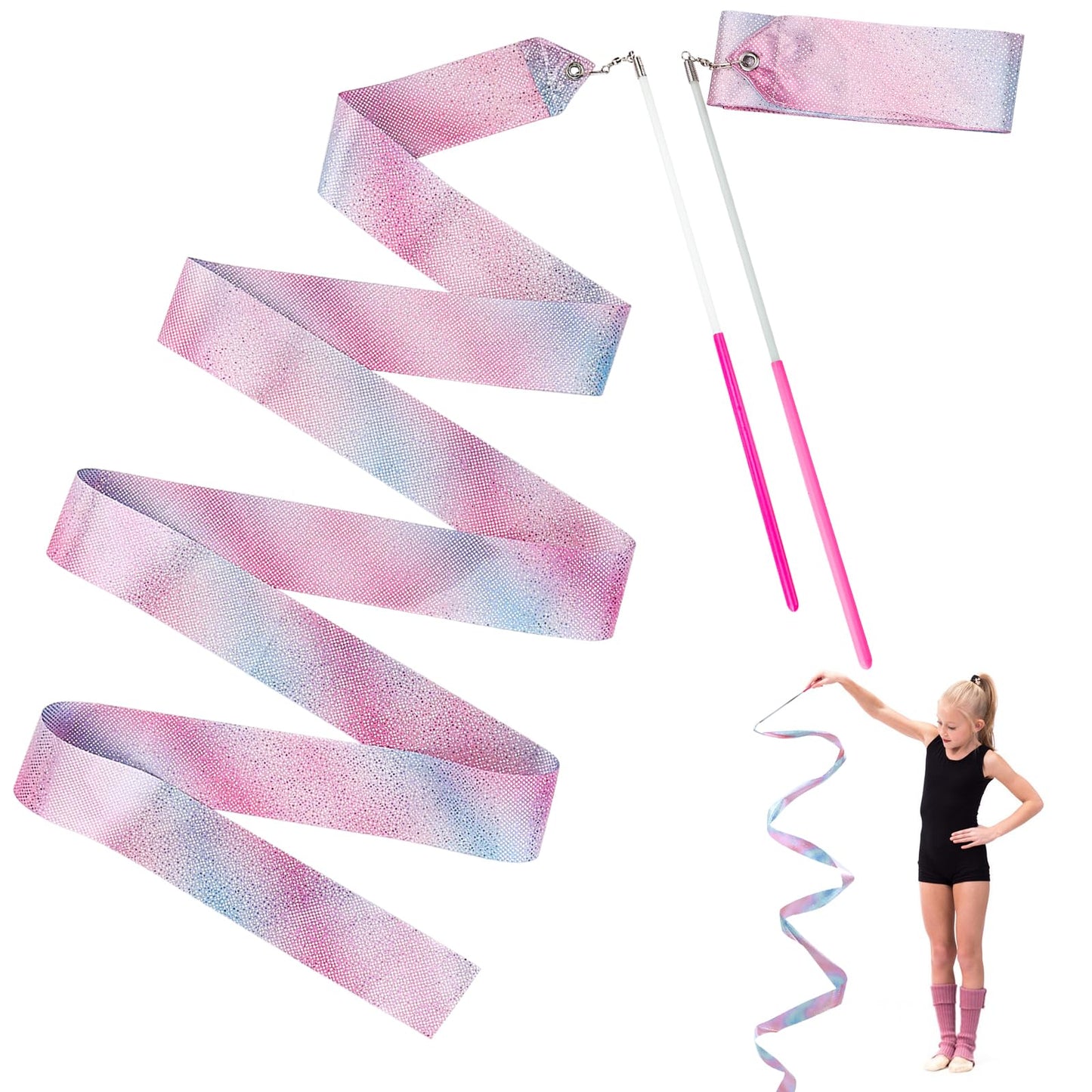 Bremorou 2 Pcs Dance Ribbons for Kids 78 Inch Sparkling Dance Ribbon Streamer Gymnastics Ribbon with Wand Twirling Dancing Ribbons Rhythmic Long Ribbon Streamers for Girls Adults (Twinkle Star)