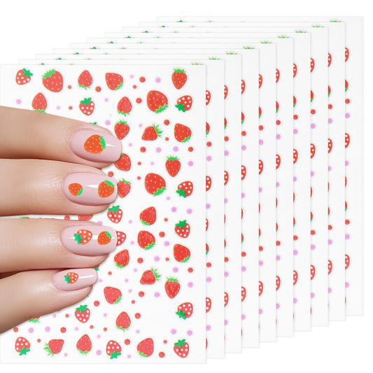 Xinjoduz 10 Sheets Summer Fruit Strawberry Nail Stickers, Self-Adhesive Nail Art Stickers Decals for Kids, Cute Red Strawberry Design Manicure Tips Nails Charms for Women Girls DIY Summer Manicure