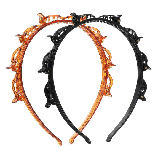 2 PCS Butterfly Clip Headband, Bangs Hairstyle Headband with Clips, Professional Weave Bangs Clip, Double Layer Toothed Hairband Braid Tool for Women Girls Hair Styling Accessories (Black & Brown)