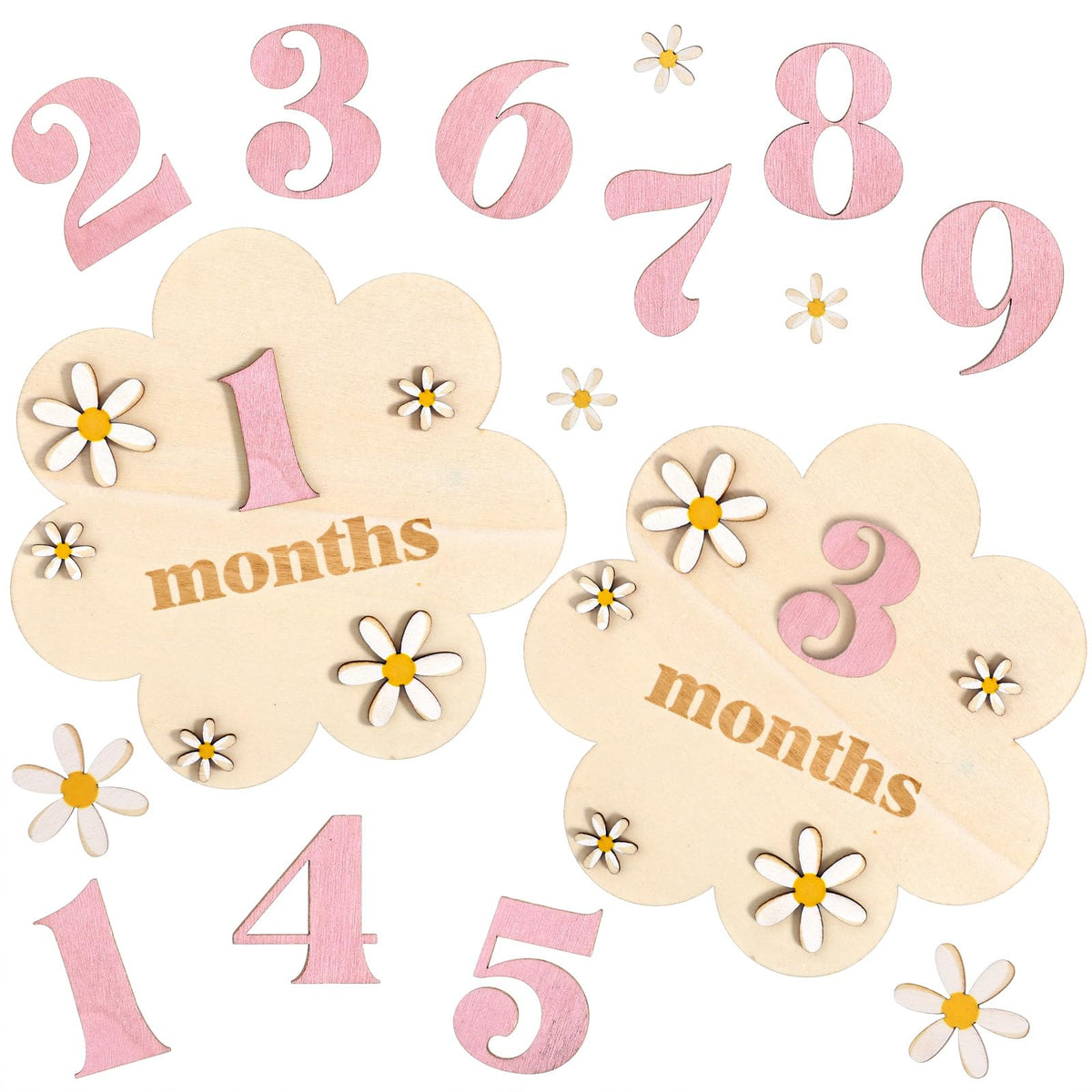Chsoejuf Baby Monthly Milestone Signs 1-12 Month Wooden 3D Floral Design
