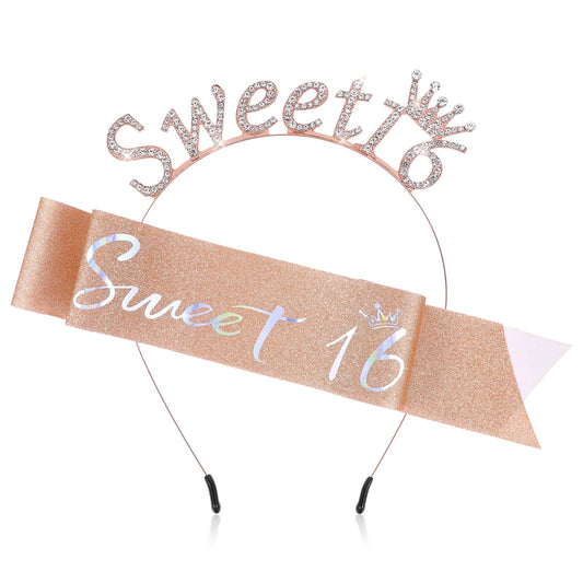 Sweet 16 Birthday Crown & Sash Kit - Rose Gold Glitter Rhinestone Tiara + Customizable Velvet Sash 16th Birthday Party Decorations for Girls, Teen Gifts, Quinceanera Alternative (Ymapinc)