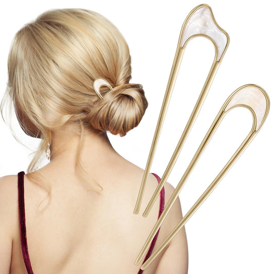 2PCS French Pins Hair U Shaped Metal French Twist Hair Pin Sticks Fork for Women and Girls, Vintage Beige Hairpin Elegant Hair Clips Styling Accessories for Updo Buns Chignons, Long and Thick Hair