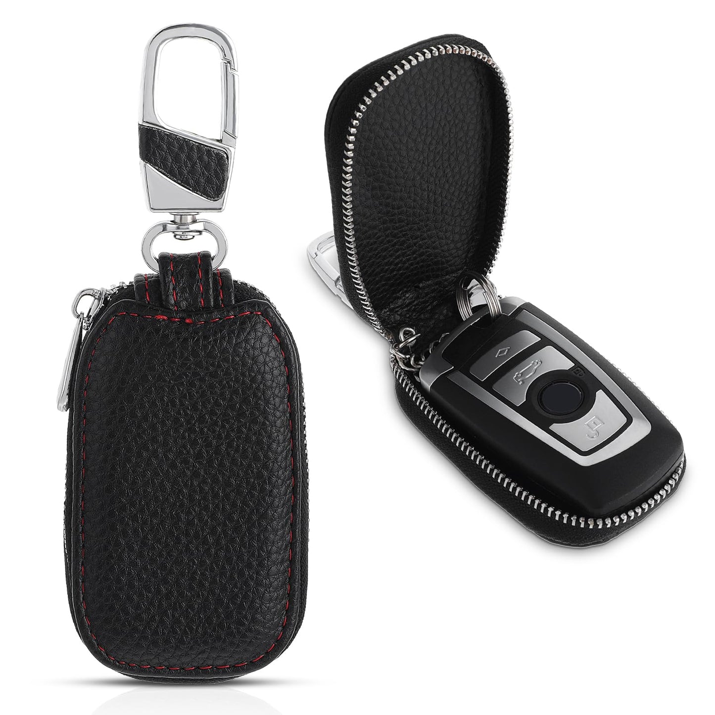 Ouligay Leather Car Key Pouch, Universal Car Key Fob Case with Zipper Closur, Premium Key Fob Holder Keychain, Remote Key Fob With Metal Hook for Men Women(Black)