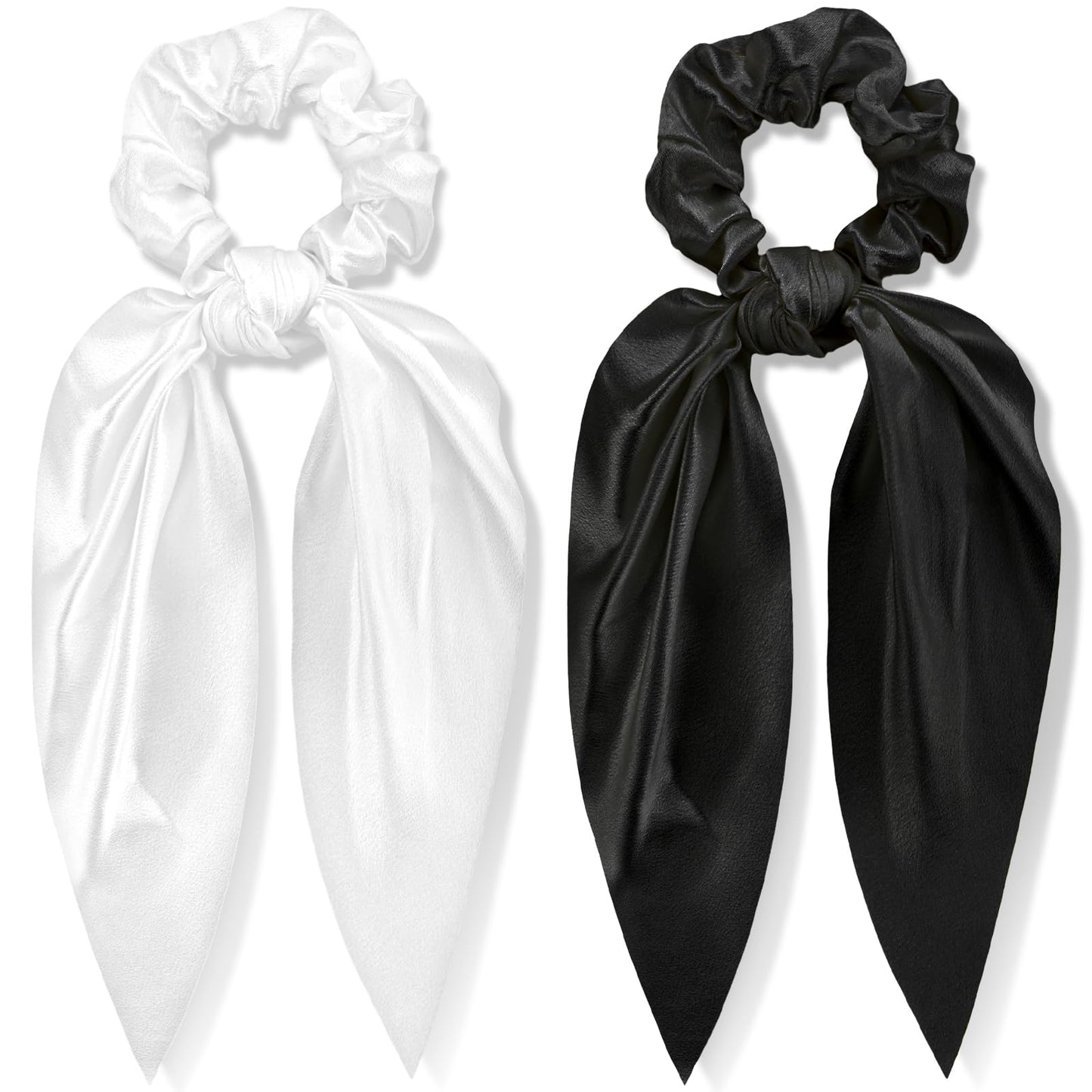 2 Pcs Hair Scarf Scrunchie Knotted Bow Satin Hair Scrunchie Hair Scarf With Tail Hair Scrunchies Elastic Hair Scarf Ponytail Holder Scrunchies With Ribbon Tails For Women Girls (Black,White)