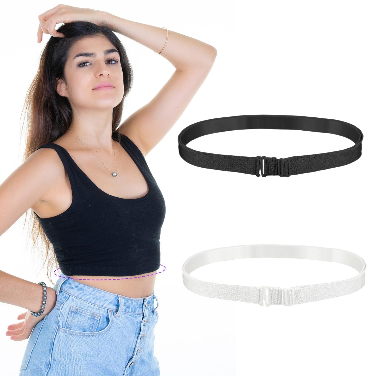 Tyqour Pack of 2 Adjustable Crop Tuck Band Elastic Crop Top Band Shirt Tuck Band Tool Belt Cutting Tool for Inserting Shirts, White / Black, 0-16