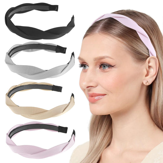 Tyqour 4 Pieces Headbands for Women, Wide Braided Headband with Teeth, Braided Fabric Headbands, Fashionable Vintage Headbands, Non-Slip Headband for Women And Girls
