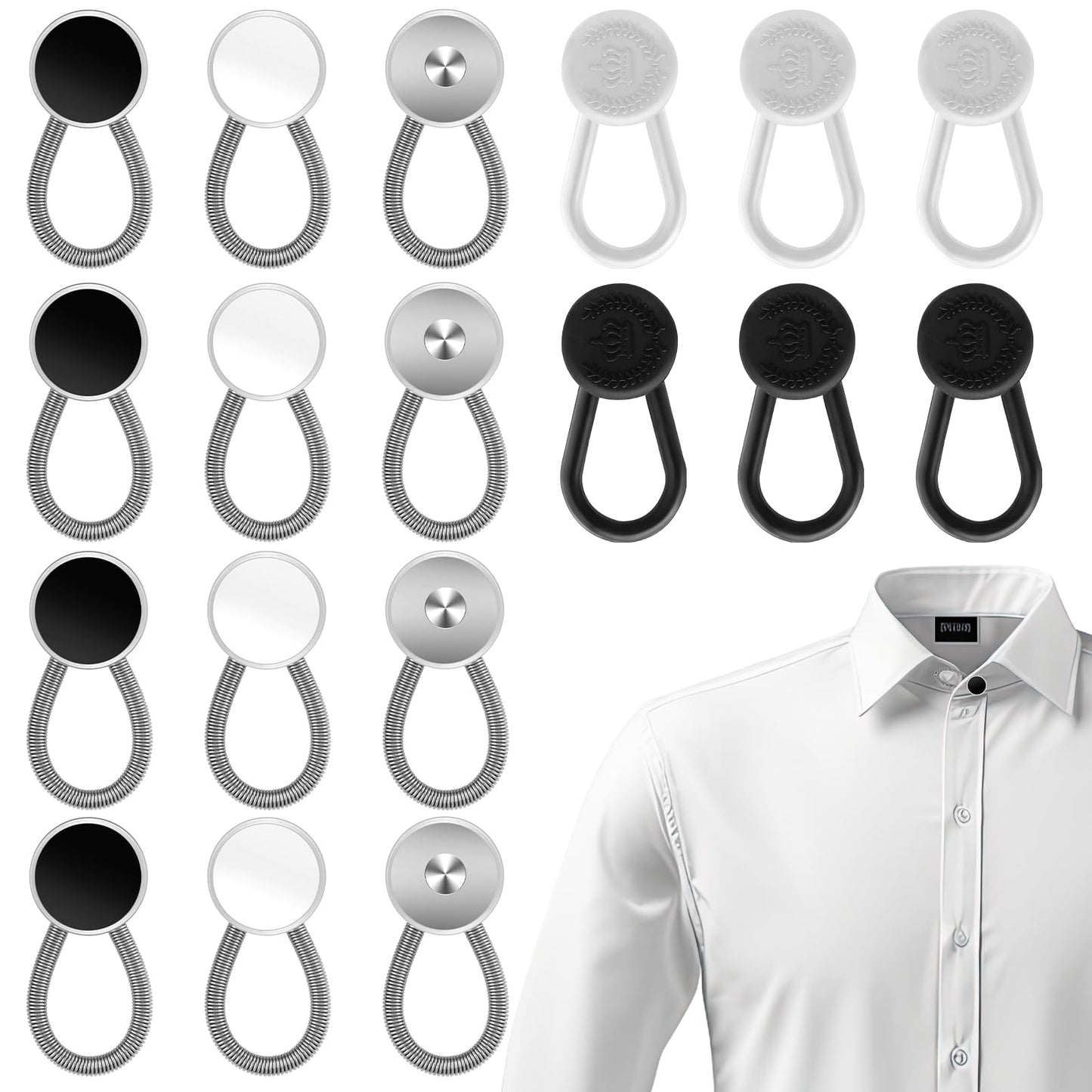 Tyqour 18Pcs Shirt Collar Extenders for Men's Shirts Metal Elastic Neck Extender Buttons Adjustable Collar Extender for Shirts Dress Jackets Cuffs