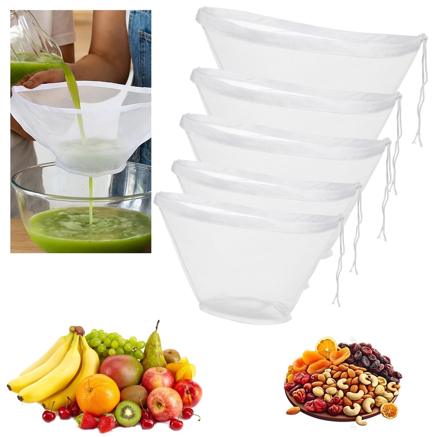 Chsoejuf 5PCS Bowl-Shaped Reusable Nylon Cheesecloth Bags for Straining