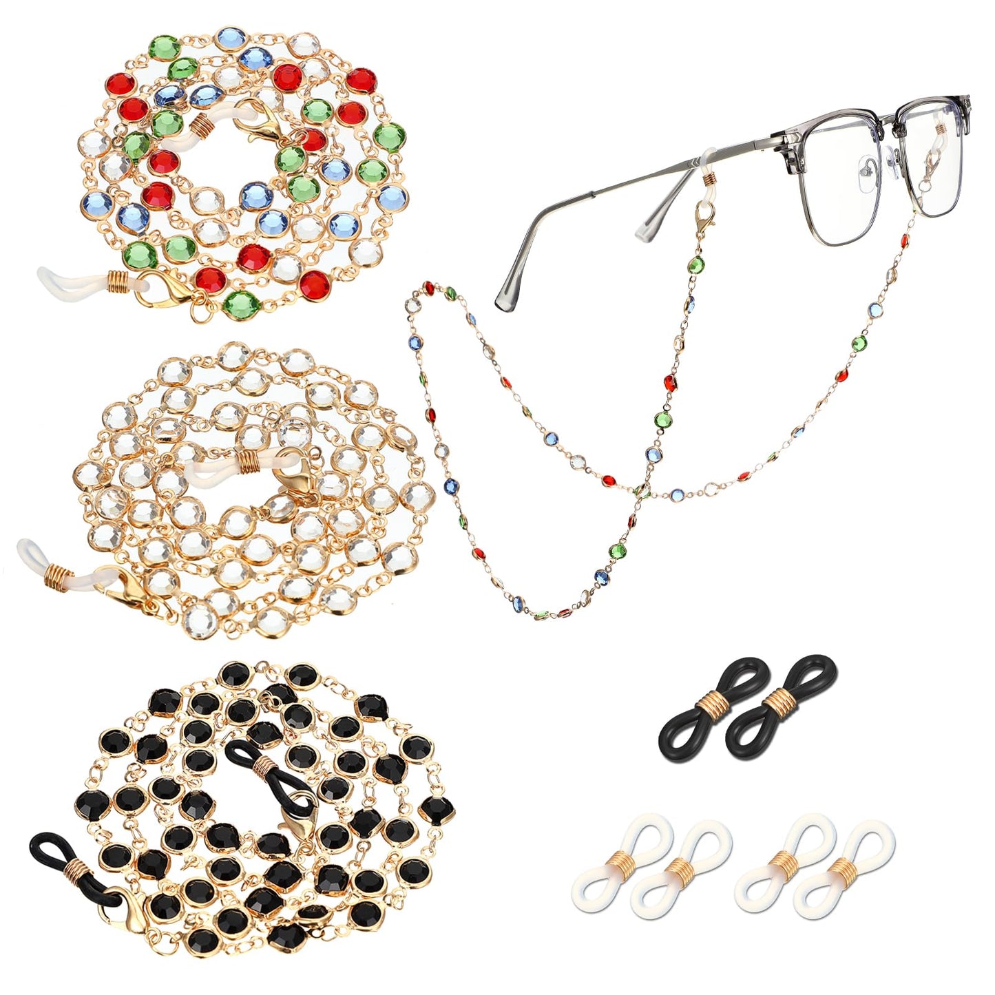 Ouligay 3PCS Crystal Beaded Eyeglasses Chain Gold Glasses Chain for Women and Girls Beads Eyeglasses Holders Around Neck Eyeglass Chains for Women Strap Reading Lanyard