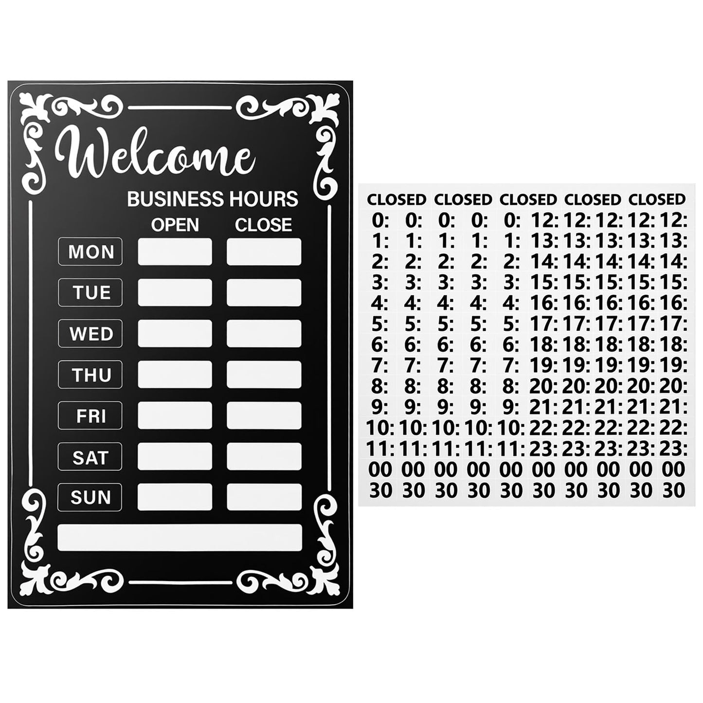RAHHLIZS 2 PCS Changeable Business Hours Sign,Black Open Closed Signs Hours of Operation Signs for Business,Store Time Mark with Stickers for Stores and Restaurants Glass Door or Window