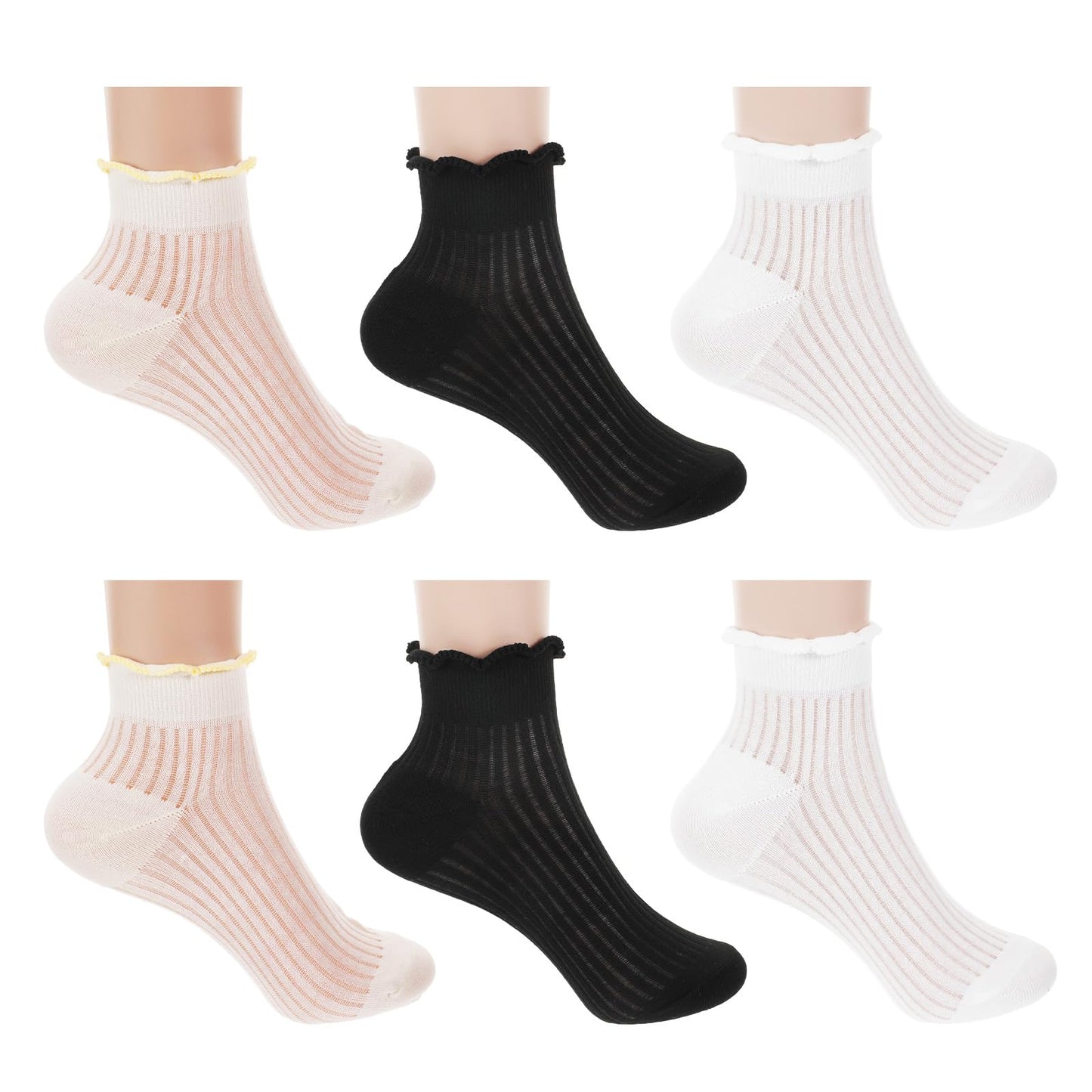 RAHHLIZS 6 Pair Ruffle Socks for Women White Frilly Ankle Sock Cute Lolita White Frilly Socks for Women Girls Soft Comfortable Sock