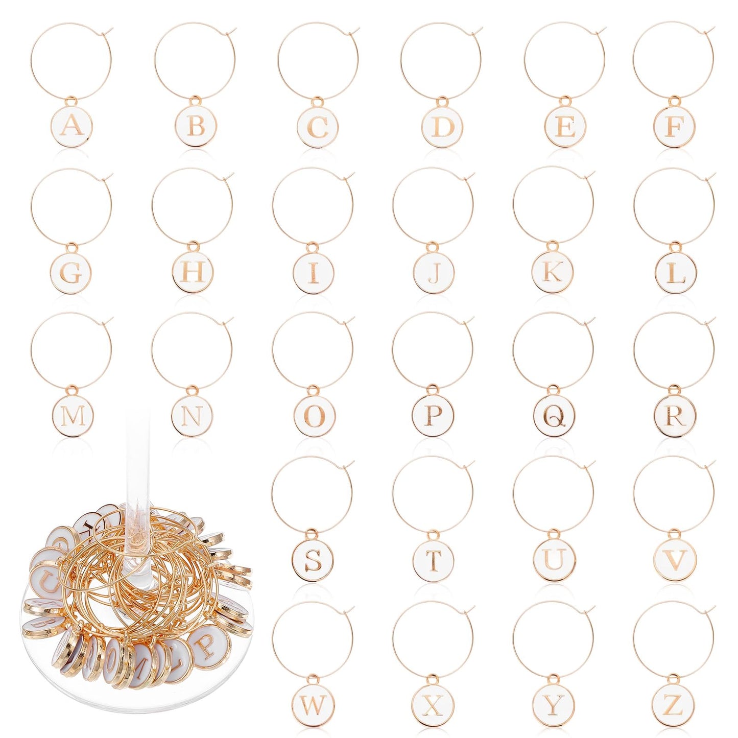 Ouligay Pack of 26 Wine Glass Pendant Charms, Identification Drinks Markings with Buckle Design, Gold Glass Markers, Wine Glass Charms Letters for Cocktail Glass Wine Champagne Party Decoration