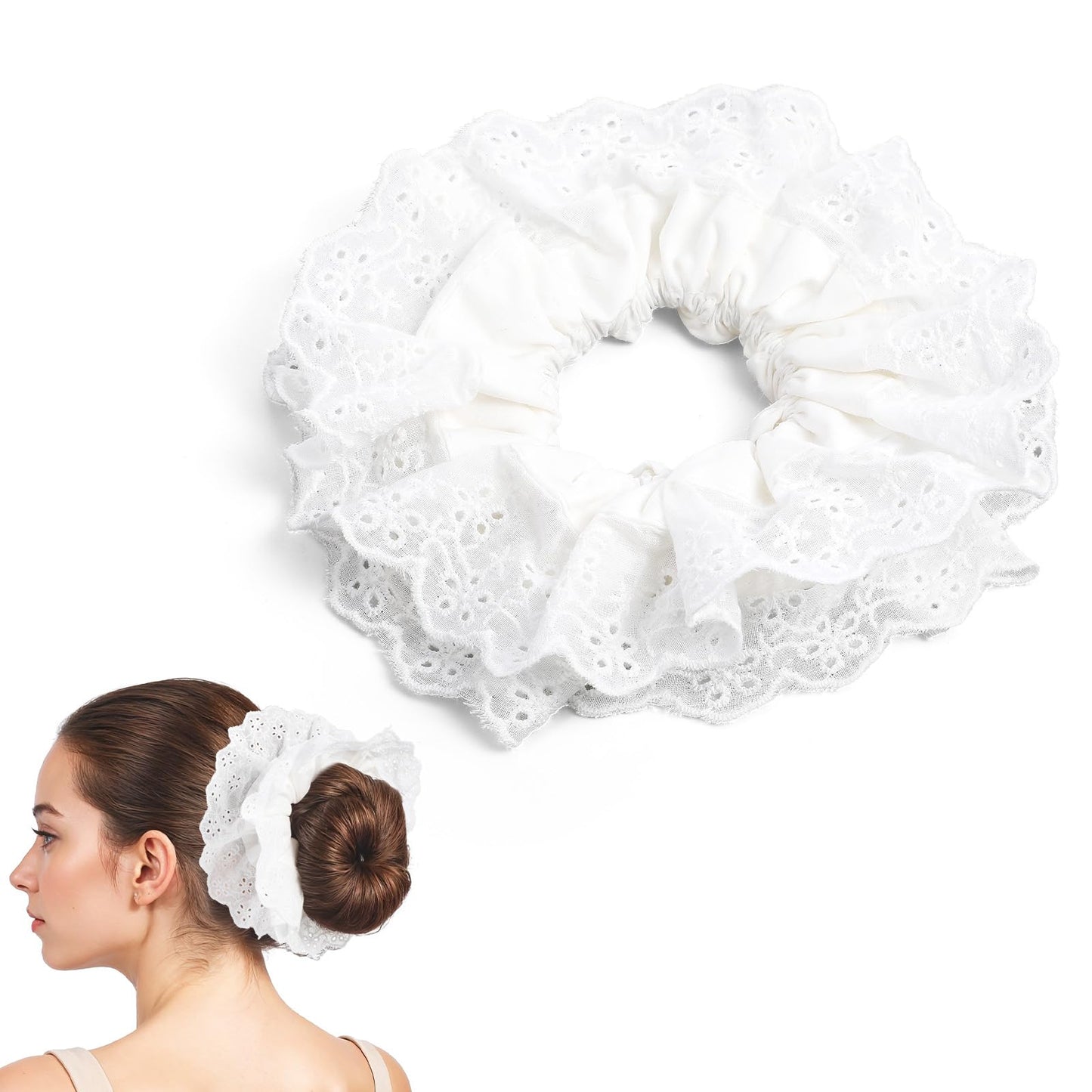 Chsoejuf Big White Lace Scrunchie Double Layer Elastic Hair Ties for Women