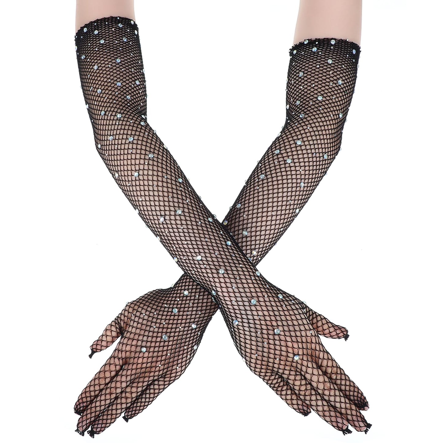Nogeqi Women Rhinestone Fishnet Arm Sleeves Sparkly Fishnet Sleeves for Wedding Evening Party Black Mesh Gloves 80s for Party Halloween Costumes Accessories