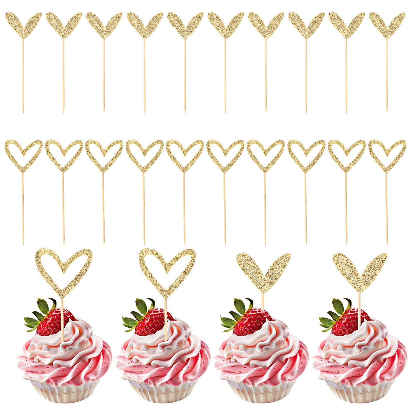 Xinjoduz 24 PCS Wedding Cupcake Toppers, Glitter Sweet Love Theme Heart Cupcake Topper Sticks for Wedding Engagement Bridal Shower Happy Birthday Cupcake Toppers(Gold, 2 Style)