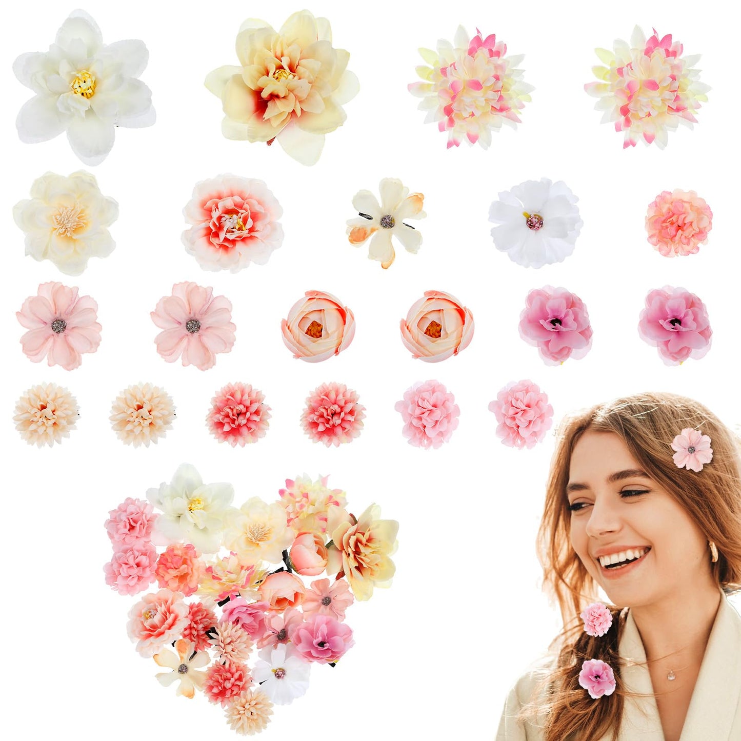 21 Pcs Realistic Flower Hair Clips, Silk Flower Hair Clip Pink Hawaiian Boho Hairclip For Girls Clip On Flowers Fake Flower Hair Clips For Party Wedding Graduation Cap Topper Decor (Pink, White)
