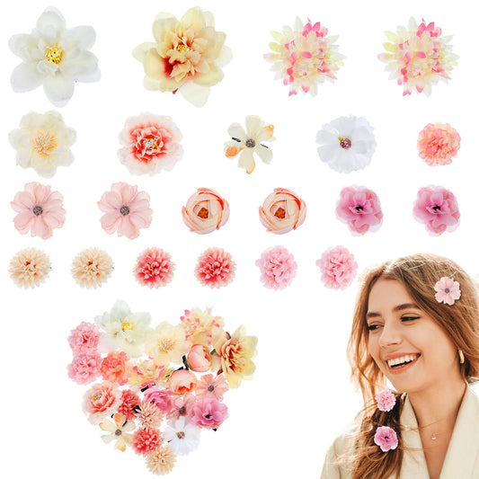 21 Pcs Realistic Flower Hair Clips, Silk Flower Hair Clip Pink Hawaiian Boho Hairclip For Girls Clip On Flowers Fake Flower Hair Clips For Party Wedding Graduation Cap Topper Decor (Pink, White)