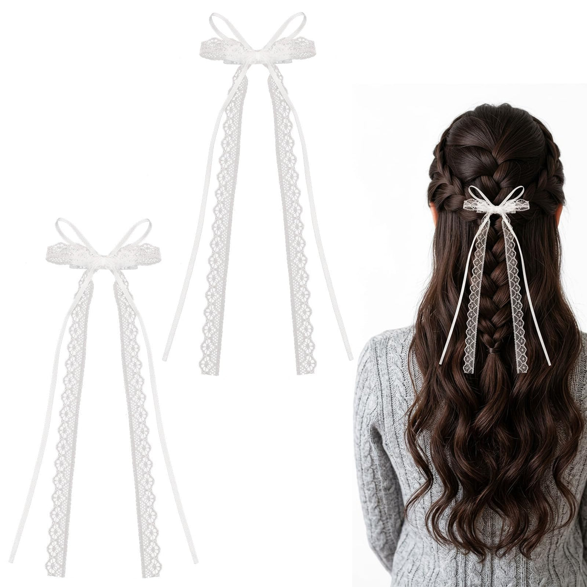 Chsoejuf 2PCS White Lace Hair Bow Clips for Women Girls Cute Hair Bows Clip