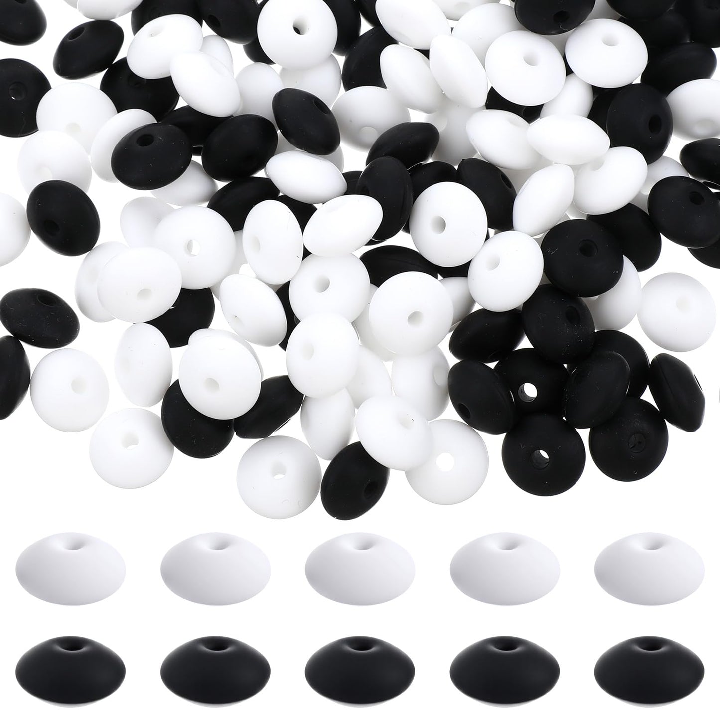 200 PCS Silicone Lentil Beads 12mm Abacus Silicone Beads Black and White 12mm Lentil Bead Bulk Kit Spacer Bead for Keychain Making Pens Necklace Bracelet Jewelry DIY Crafts Accessories