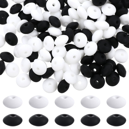 200 PCS Silicone Lentil Beads 12mm Abacus Silicone Beads Black and White 12mm Lentil Bead Bulk Kit Spacer Bead for Keychain Making Pens Necklace Bracelet Jewelry DIY Crafts Accessories