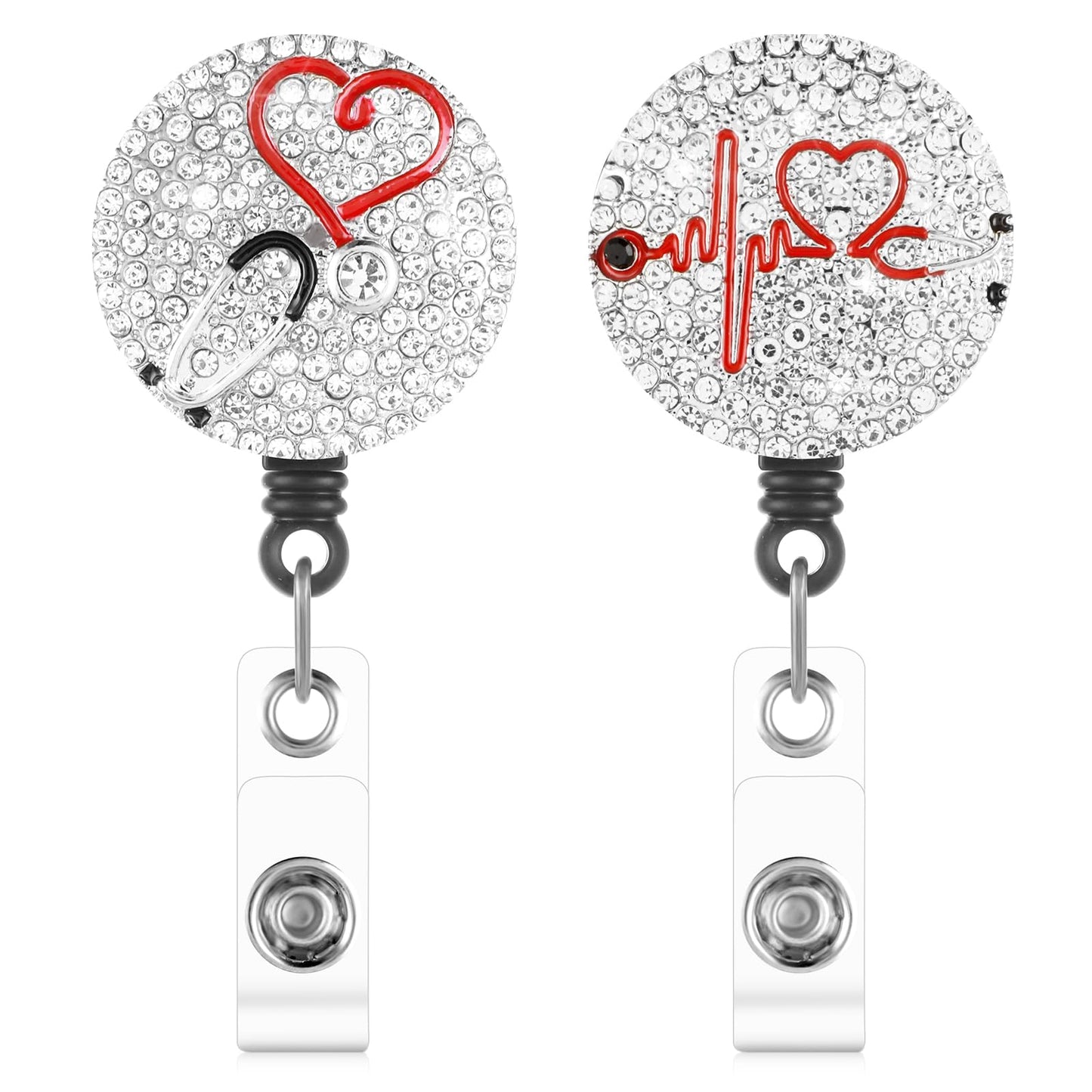 Mabor 2Pcs Retractable ID Badge Holder Nurse Badge Reel Lanyard Extender Retractable ID Card Holder with Clip Rhinestones Heart Nursing Badge Reels for Nurse Student Doctor