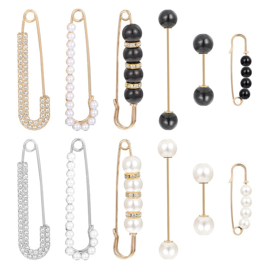 12Pcs Faux Crystal Pearl Brooch Pins for Women and Girls, Safety Pins Rhinestones Sweater Shawl Clips Shawl Pearl Pin For Clothing Dress Pants Skirt Waist Decoration Accessories