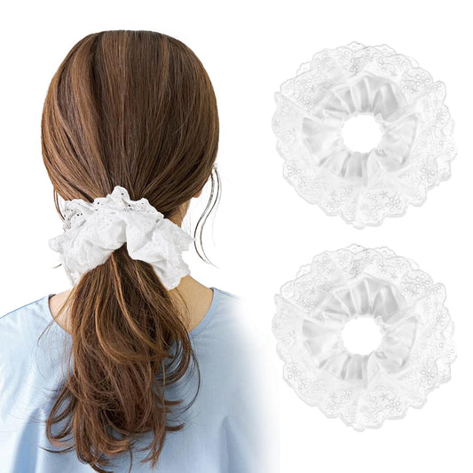 Tyqour 2Pcs White Scrunchies for Women Oversized Scrunchie Lace Hair Scrunchies Double Layer Large Scrunchie No Damage Hair Ties Elastic Ponytail Holders Hair Accessories for Curly Hair Ponytail Hold