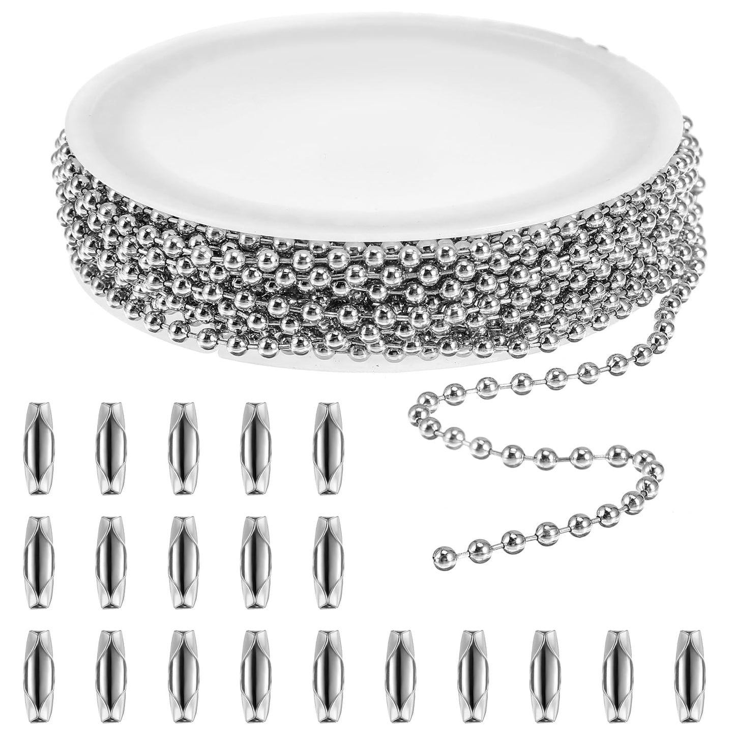 Xinjoduz 16.4 ft Ball Chain, 2.4mm Silver Stainless Steel Chain Necklace Bulk Bead Chain with 20 PCS Ball Chain Connectors Clasps Military Dog Tag Chains for Jewelry Making Bracelets Craft Supplies