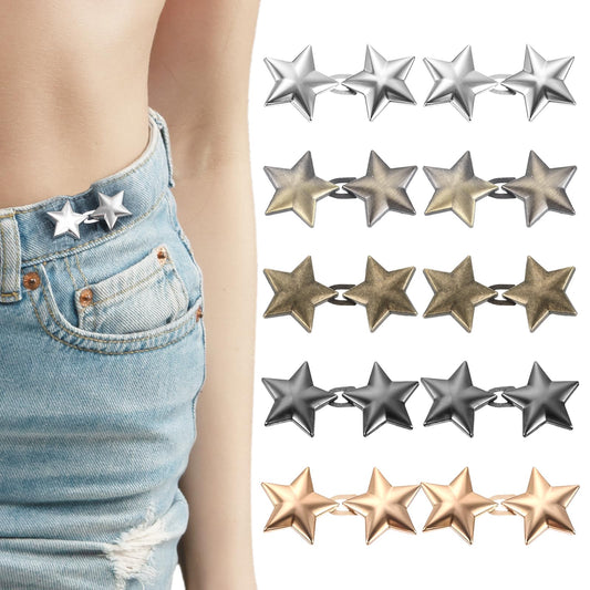 10 Set Pant Waist Tightener Star Buttons for Loose Jeans, Reusable Waist Pants Clips Metal Adjustable Stars Brooch Cincher Clip for Clothing Dresses Skirts No Sewing Decoration Accessories