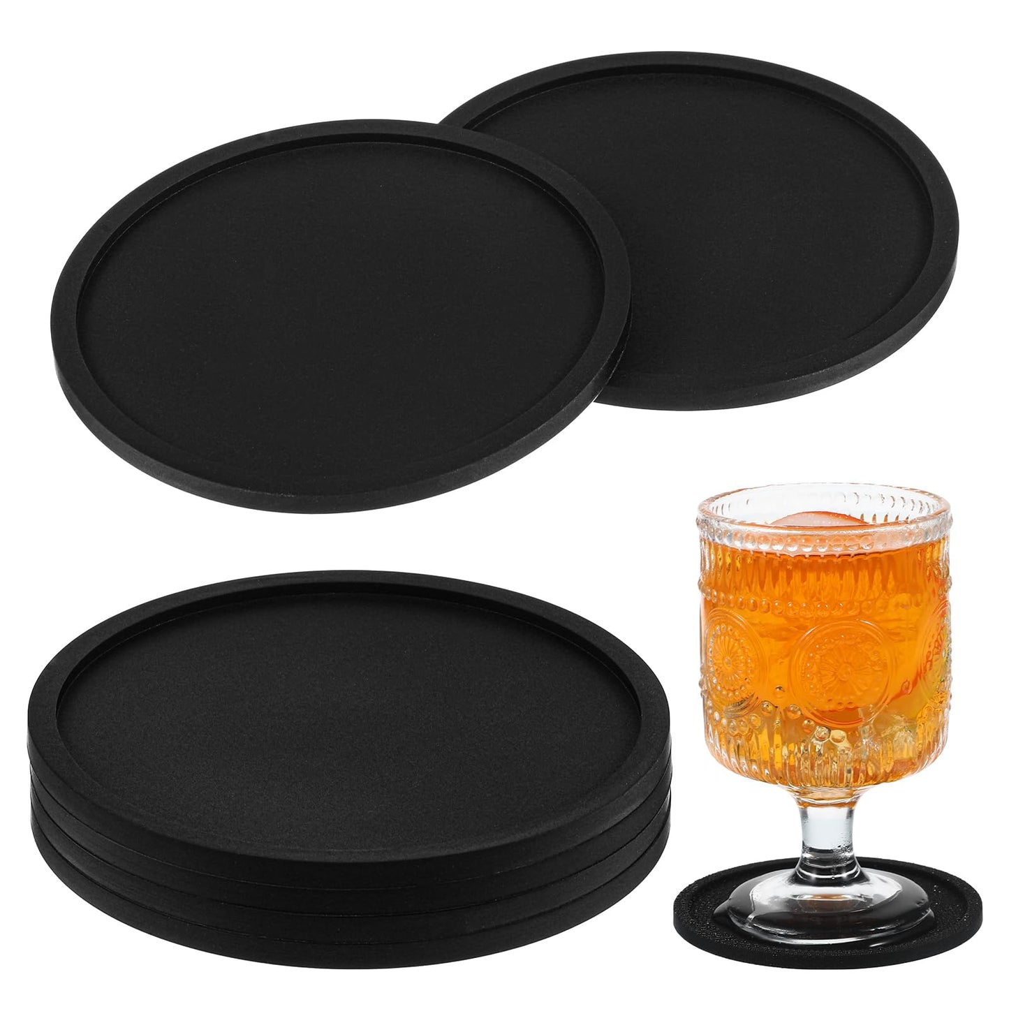 Xindojuz Round Black Coasters Set of 4, 3.94 Inch Silicone Coasters for Drinks Washable Heat Resistant Durable Non-Slip Cup Coasters for Coffee Table Wooden Desk Kitchen Bar Cup Mats, Black
